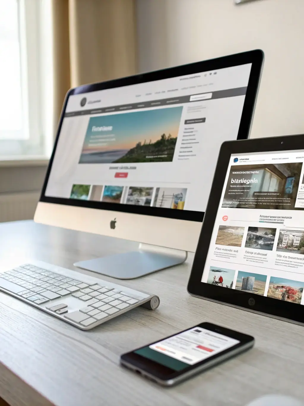 A high-resolution image depicting a modern, responsive website design displayed on various devices (desktop, tablet, and smartphone), emphasizing adaptability and visual appeal.