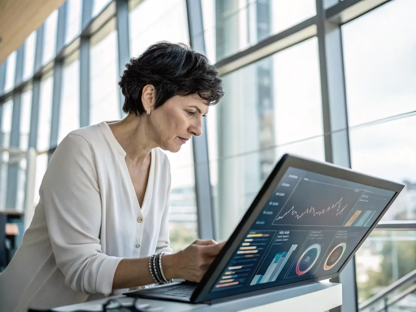 A community manager analyzing social media metrics and engagement rates on a dashboard, illustrating the data-driven approach AgenciaDigitalPlus uses to optimize community management strategies.