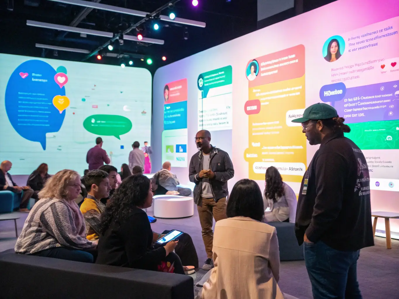 A vibrant online community forum with diverse members actively participating in discussions, moderated by a community manager, showcasing the engagement and interaction fostered by AgenciaDigitalPlus's community management services.