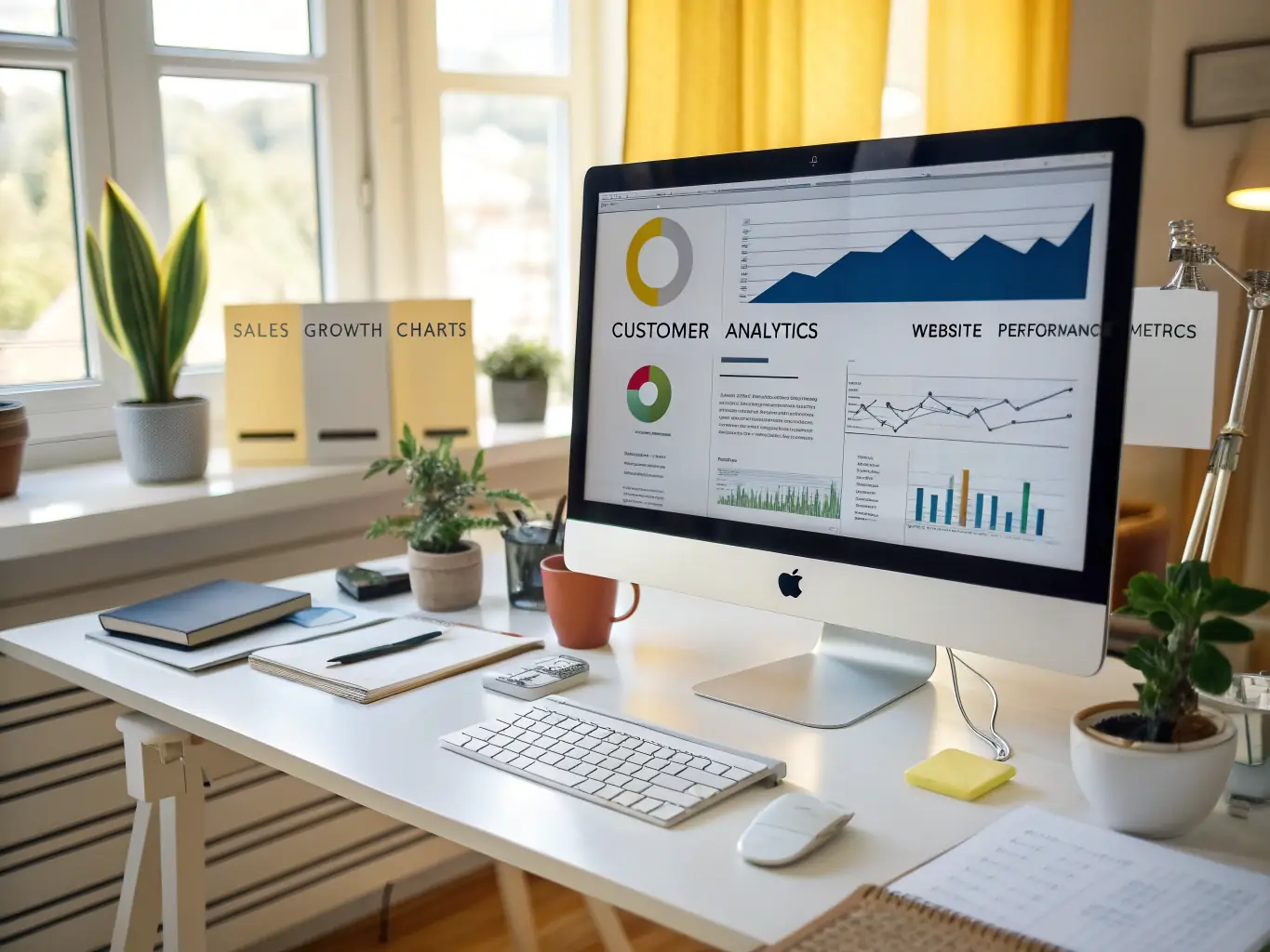 A digital illustration depicting a futuristic CRM dashboard with AI-powered insights, showing automated workflows and data analysis, set in a modern office environment.