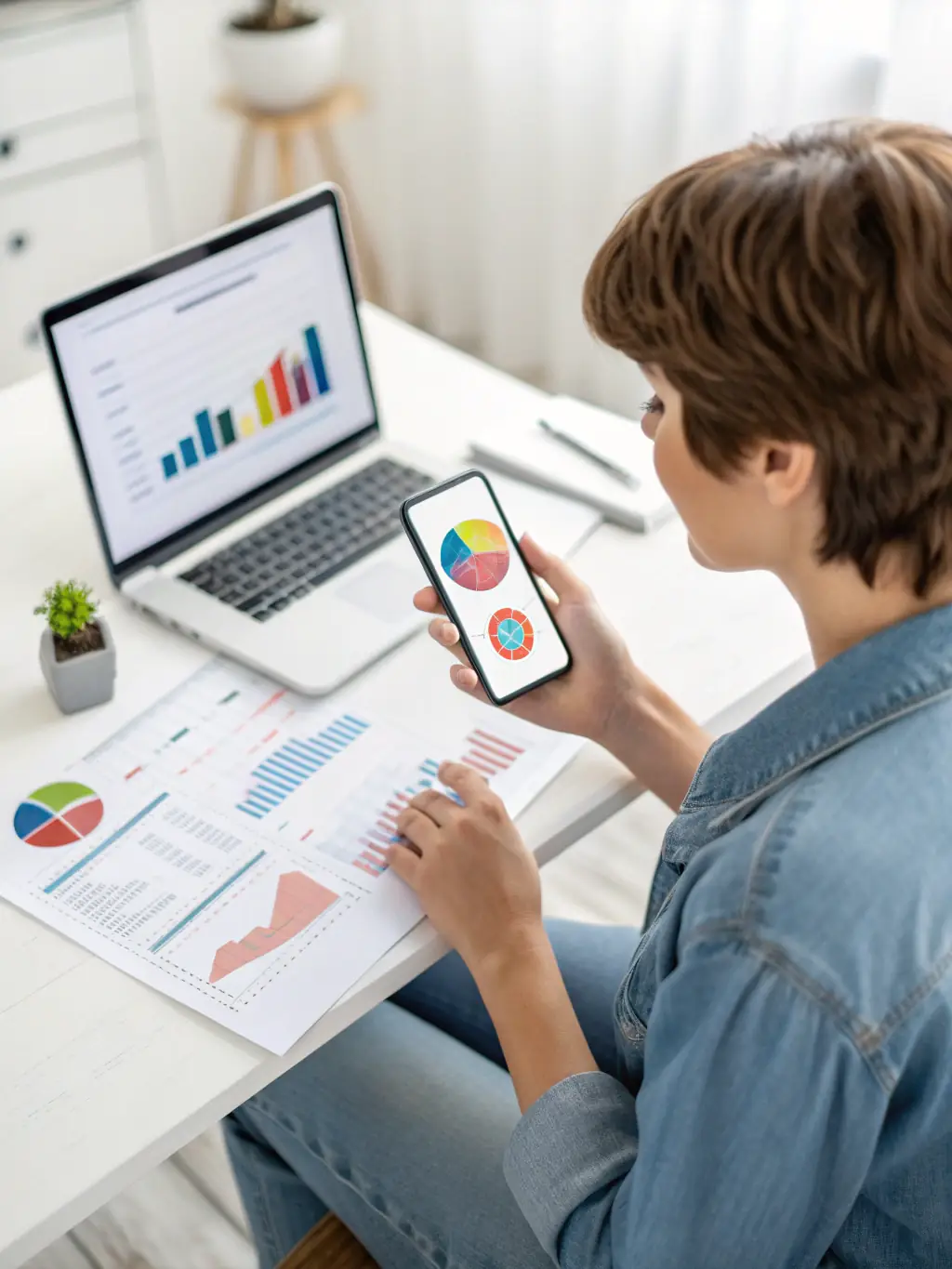 A person using a mobile app on their smartphone while sitting in a modern office, showcasing a clean and intuitive user interface.