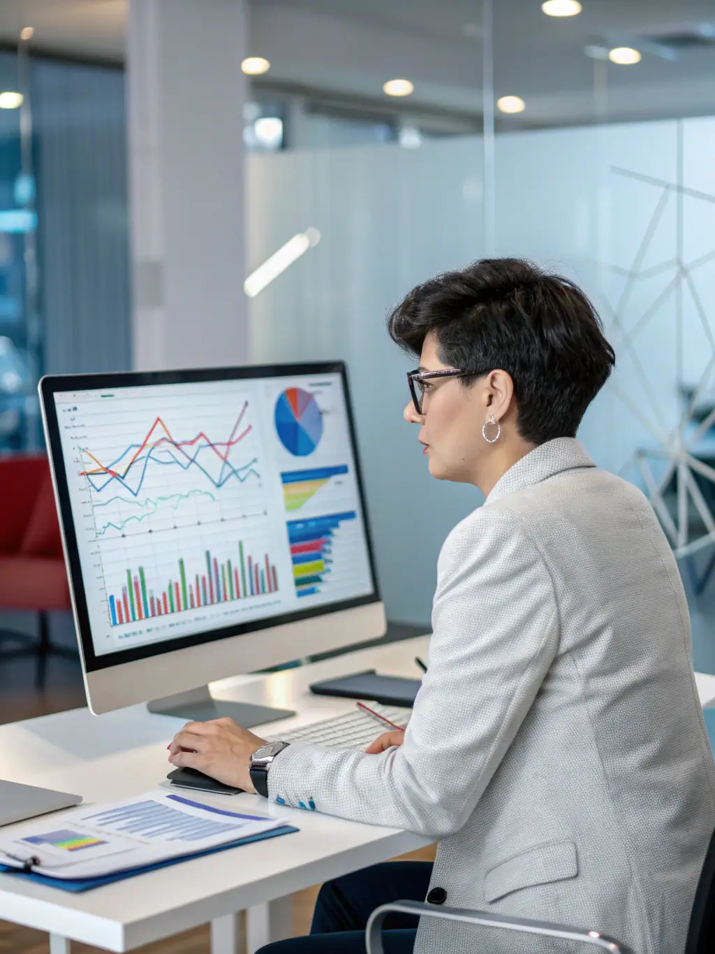 A professional SEO specialist analyzing website analytics on a laptop, with charts and graphs displayed, indicating improved search engine rankings for AgenciaDigitalPlus's clients.