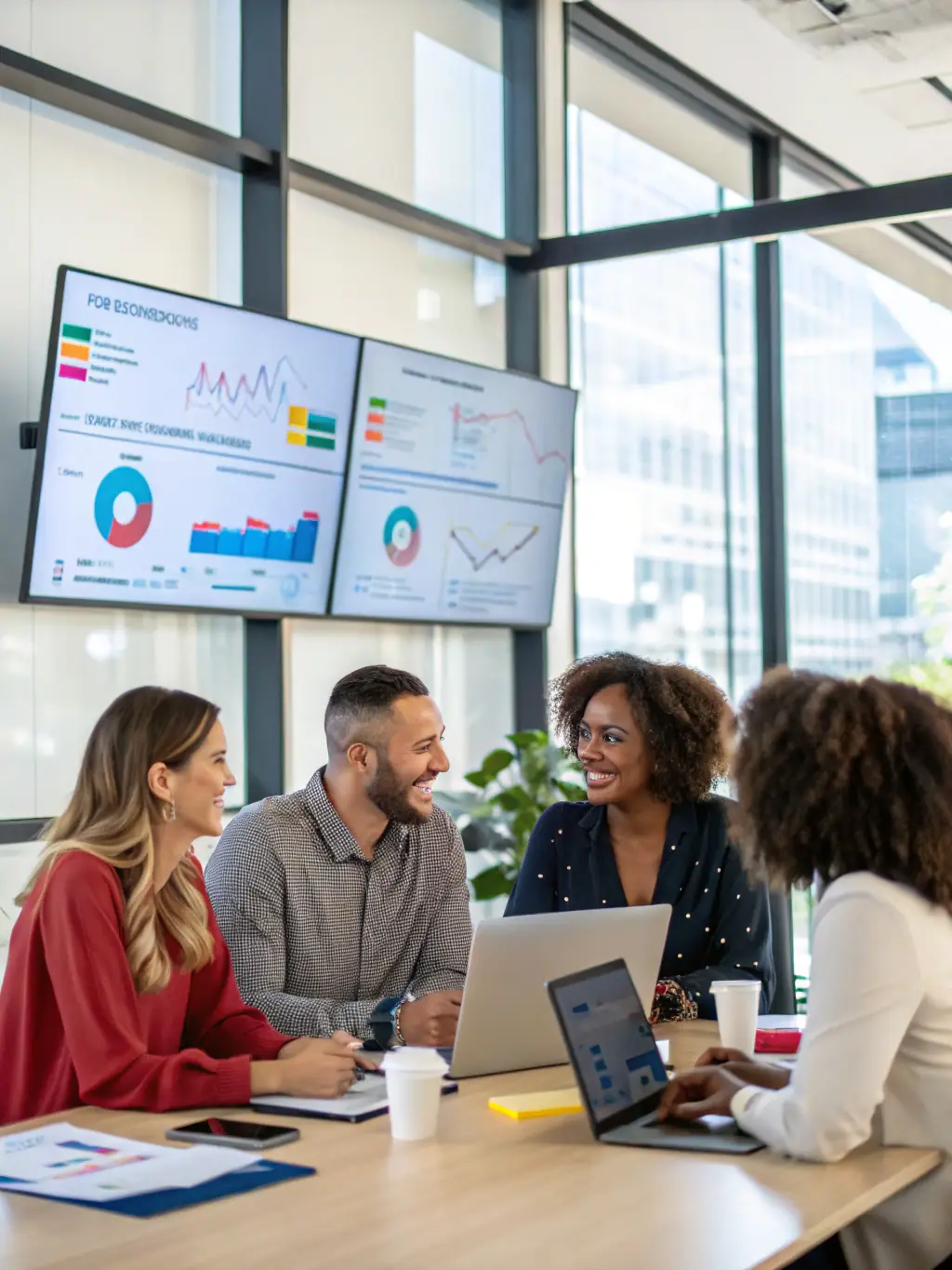 A diverse team collaborating on a digital marketing strategy, with various devices displaying marketing analytics and campaign performance metrics, representing AgenciaDigitalPlus's comprehensive approach.