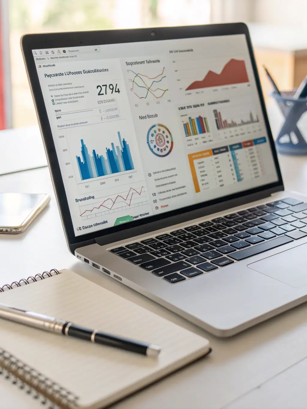 A tablet displaying a mobile application with various data visualizations and interactive elements, highlighting its functionality.