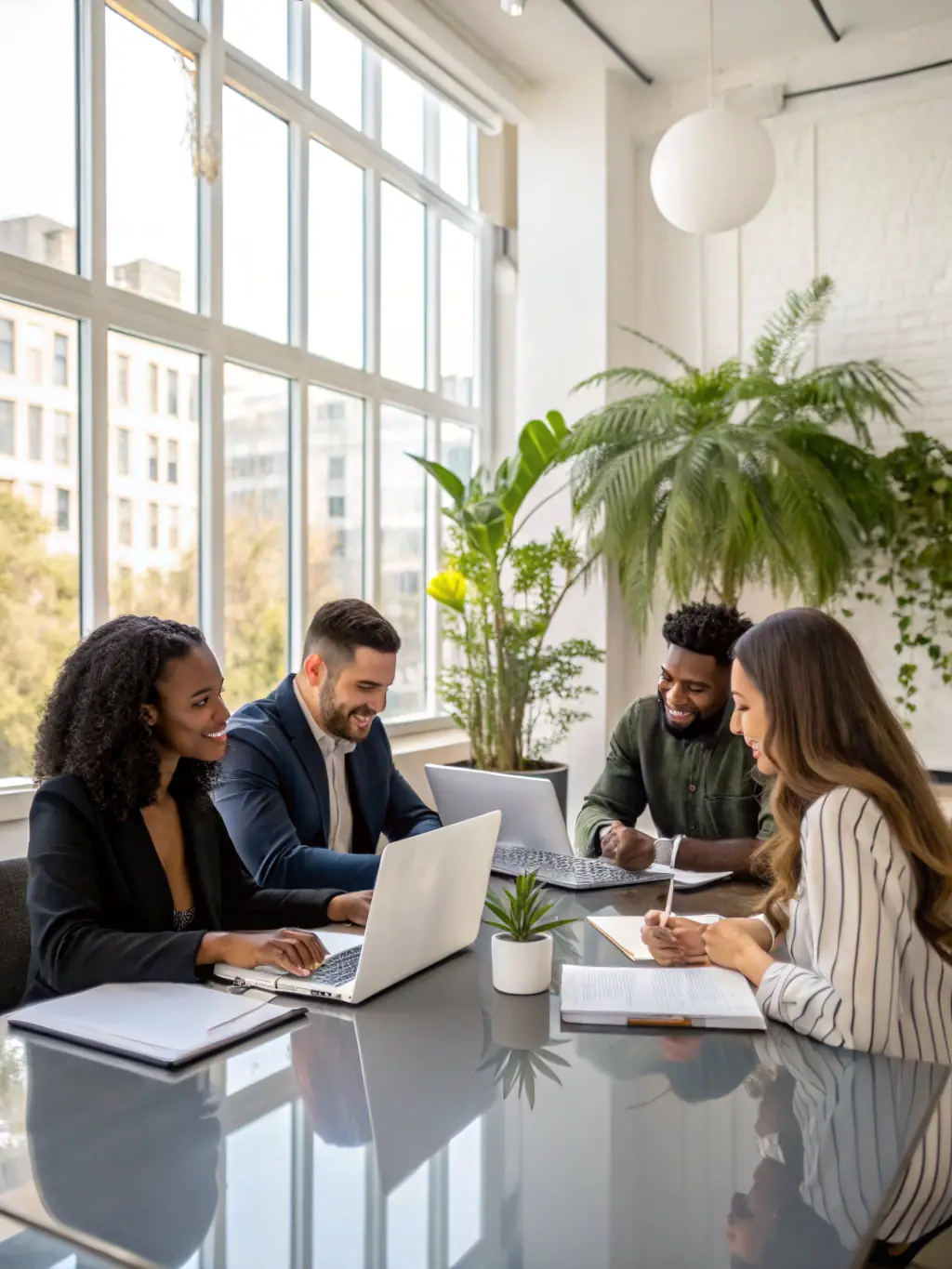 A content marketing team brainstorming ideas around a table, with laptops and notebooks, generating engaging content strategies for AgenciaDigitalPlus's clients.